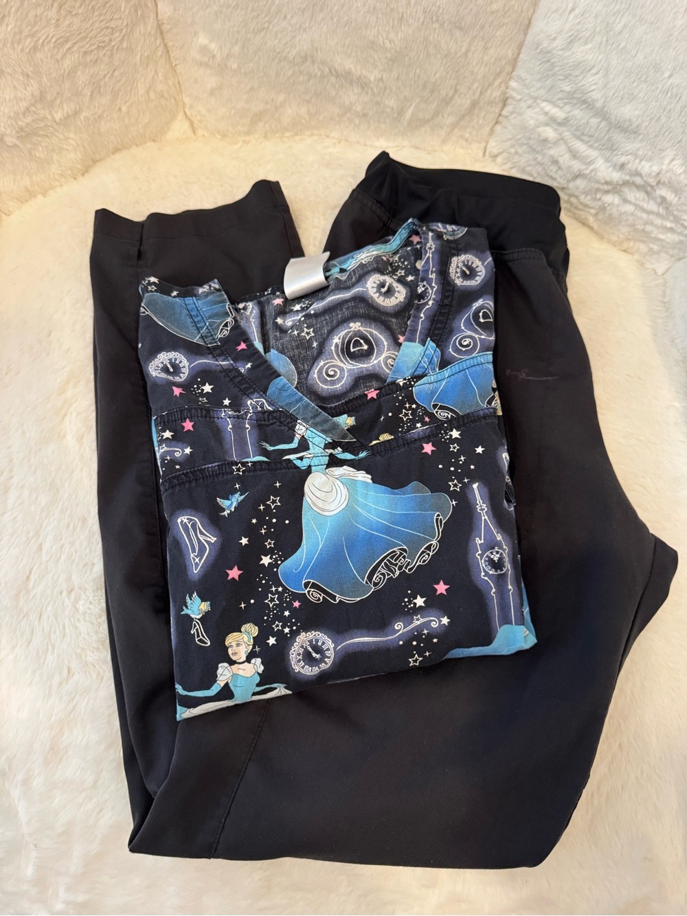 (3/$85 bundle) Cinderella Themed Scrub Top - Black & Blue Print
